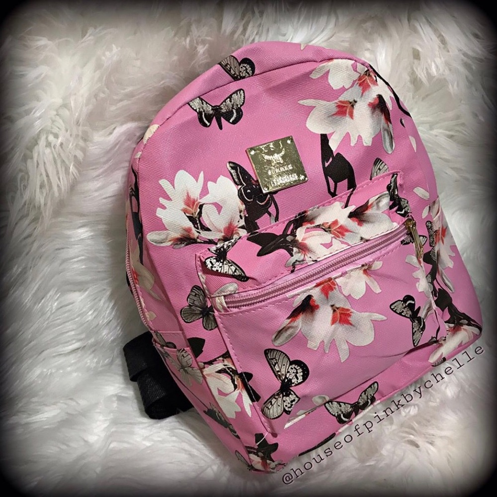 Pink Floral Butterfly Pattern Backpack